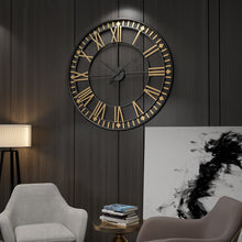Load image into Gallery viewer, Jeezi Oversize Roman Numeral Modern Metal Wall Clock, Gold Finish with Black Hands (2 colors)
