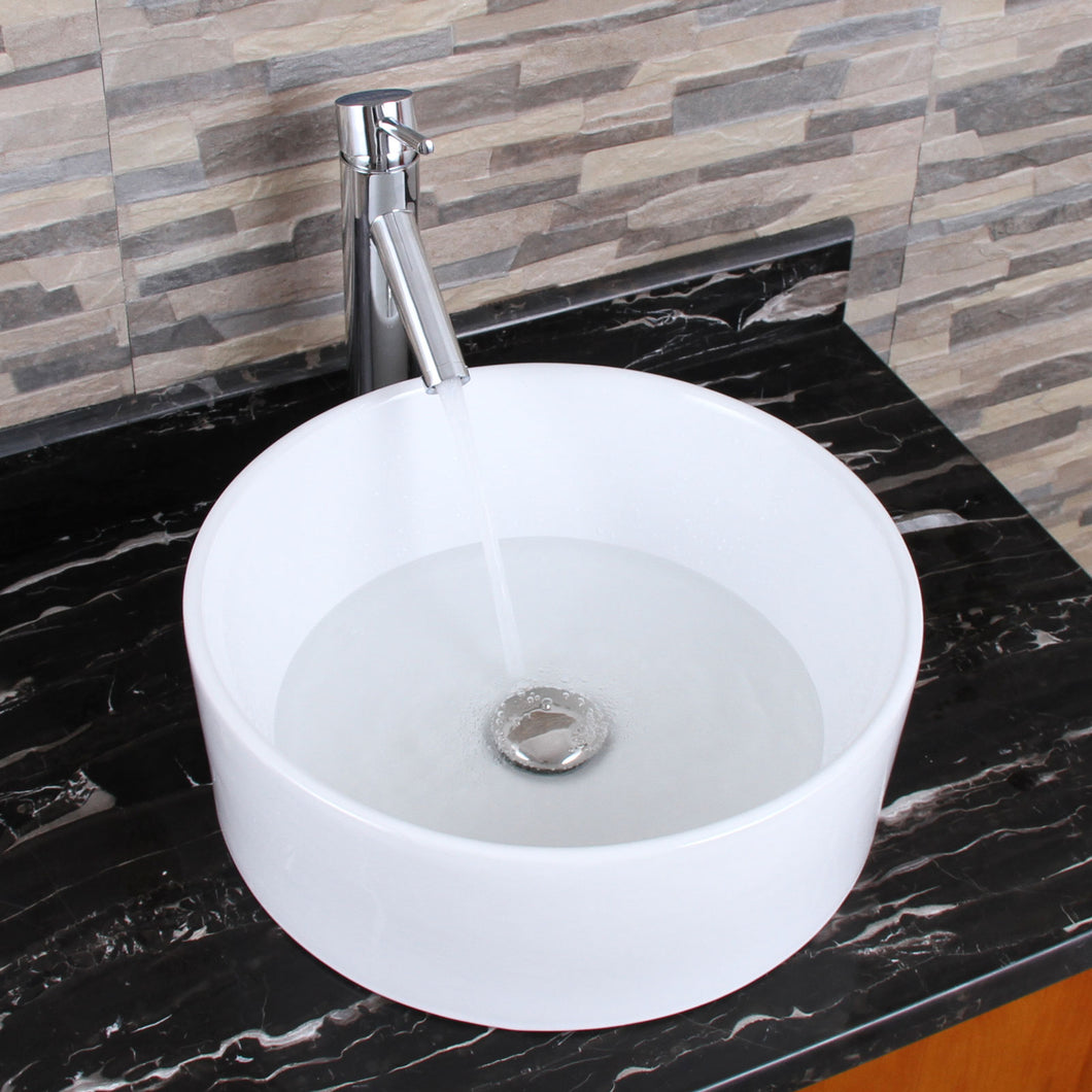 ELITE 304 Round Shape White Porcelain Ceramic Bathroom Vessel Sink & Single Lever Faucet