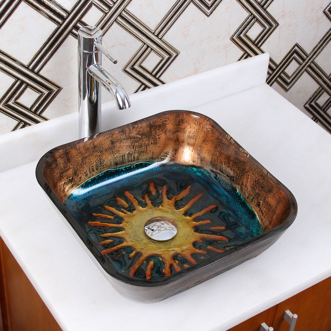 ELITE 1610 Square Volcanic Pattern Tempered Glass Bathroom Vessel Sink & Single Lever Faucet
