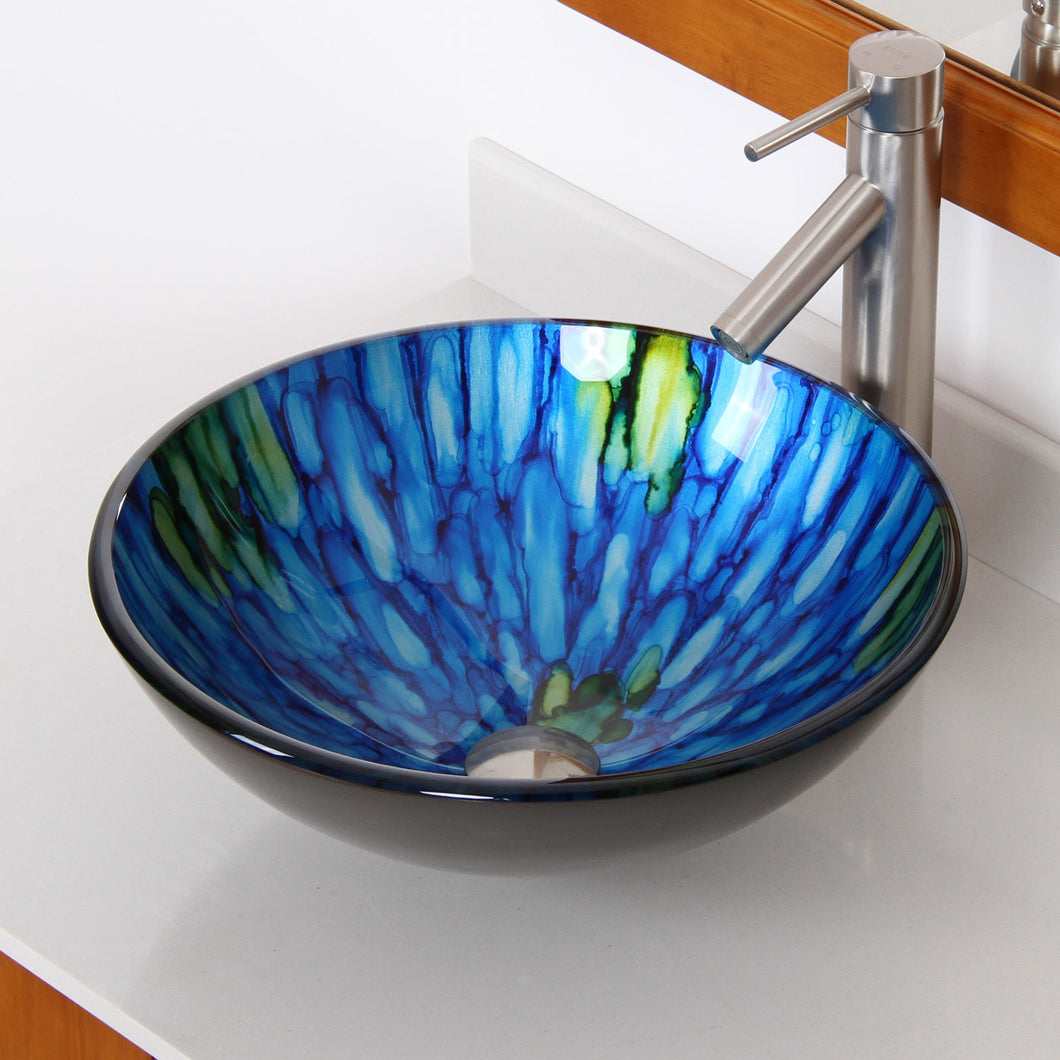 ELITE Bathroom Blue Stripe Glass Sink Faucet COMBO 130E+2659BN