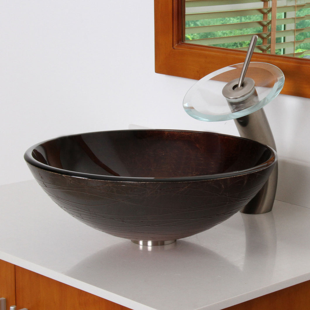 ELITE  Bathroom Vessel Sink and Waterfall Faucet Combo 1312F22TBN
