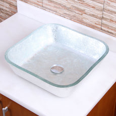 ELITE Crystal Glass Square Artistic Silver Tempered Glass Bathroom Vessel Sink 1605