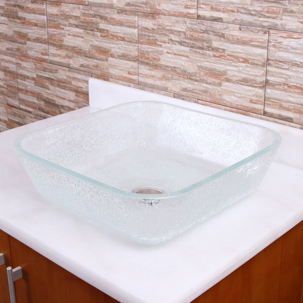 ELITE Square Crystal Ice Chip Pattern Tempered Glass Bathroom Vessel Sink 1606