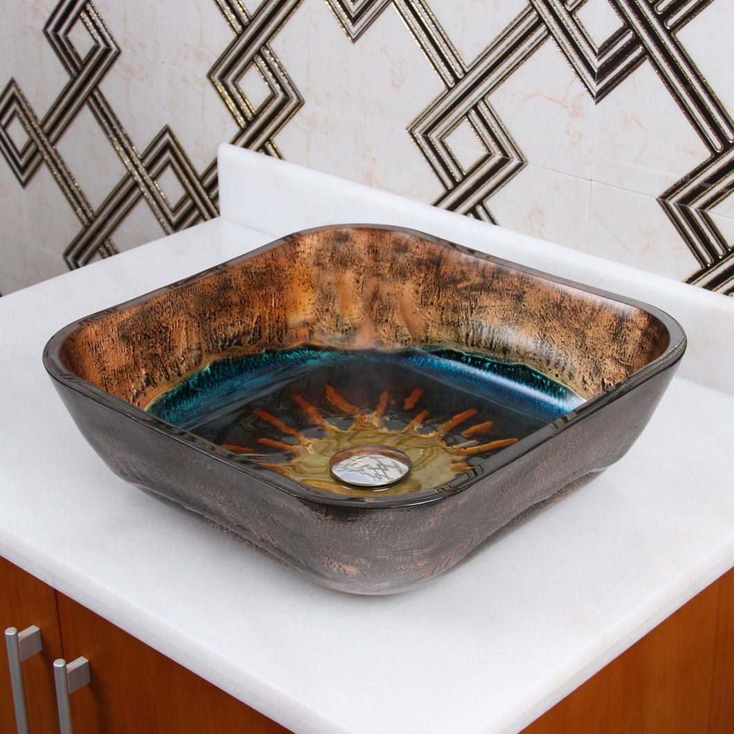 ELITE Square Volcanic Pattern Tempered Glass Bathroom Vessel Sink 1610