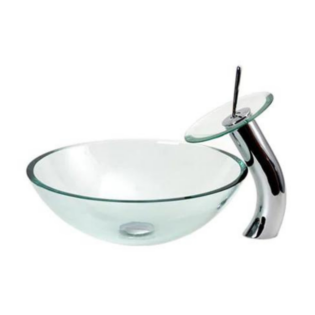 Clear Tempered Glass Sink and Chrome Water GD05F22Tfall Faucet