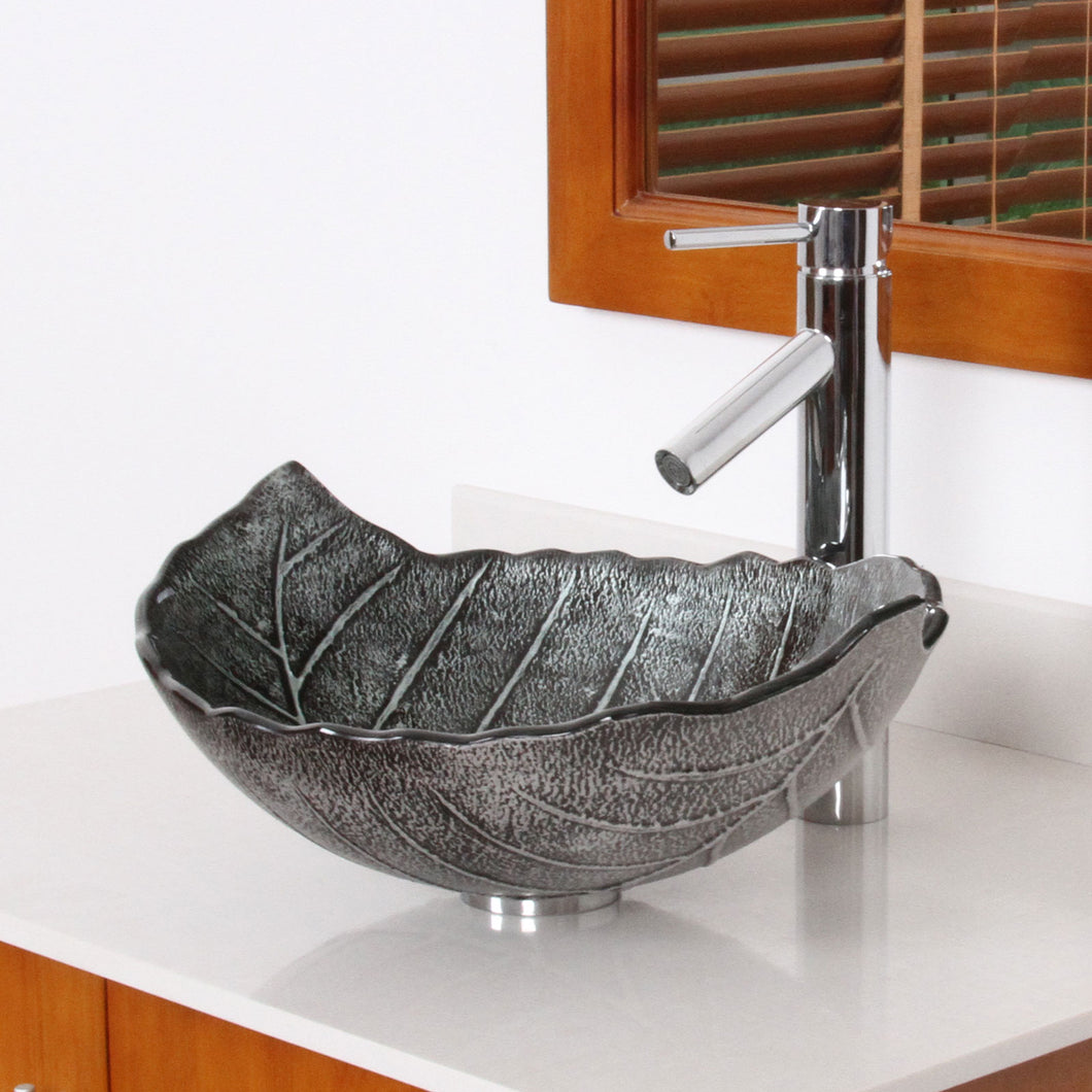 ELITE Winter Leaves Style Design Tempered Glass Bathroom Sink & Single Lever Faucet Combo