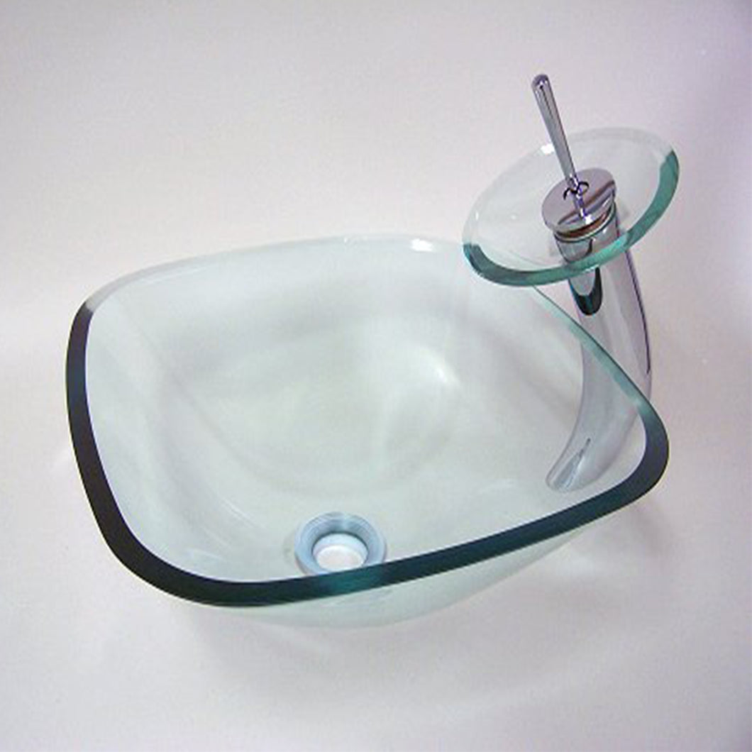 Clear Square Glass Sink w. Waterfall Faucet GD0422T