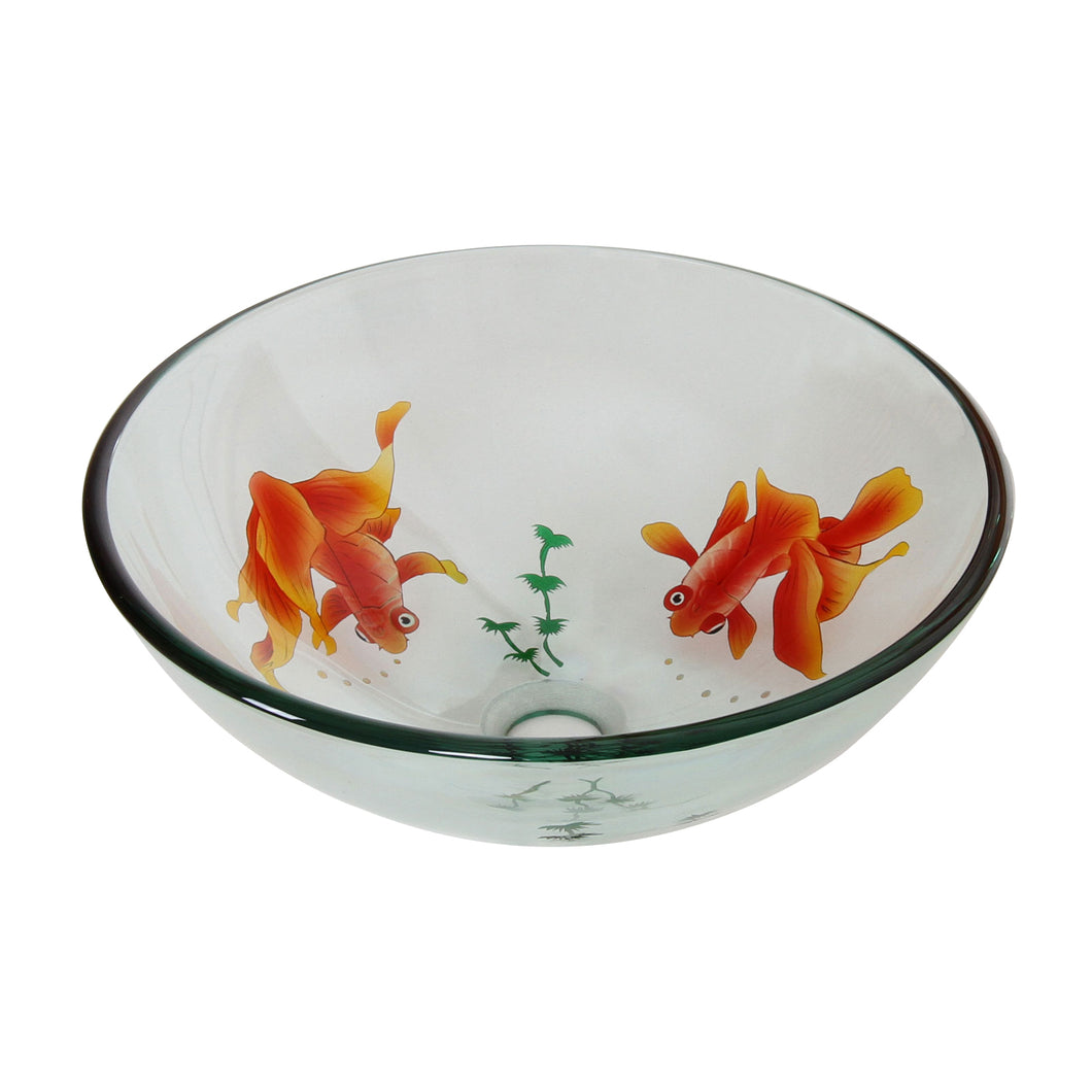 ELITE Clear Tempered Glass Sink with Goldfish Art Design GD45