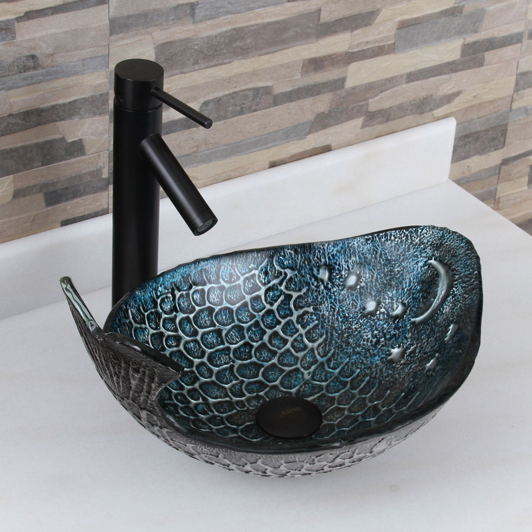 ELITE Pacific Whale Pattern Tempered Glass Bathroom Vessel Sink & Single Lever Faucet Combo