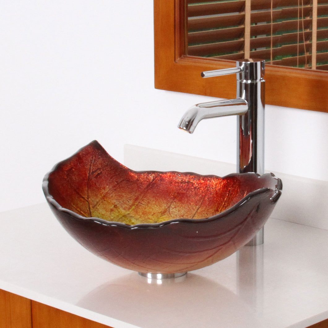 ELITE Summer Leaves Design Tempered Glass Bathroom Vessel Sink & Single Lever Faucet